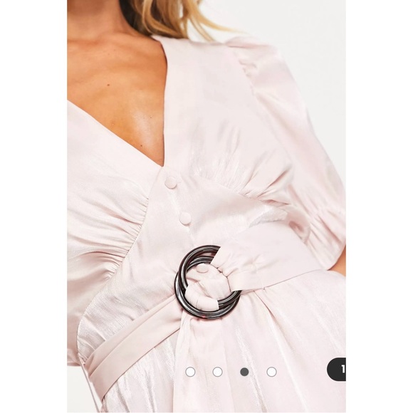 ASOS River Island belted midi dress with puff sleeves in light pink - Picture 3 of 5